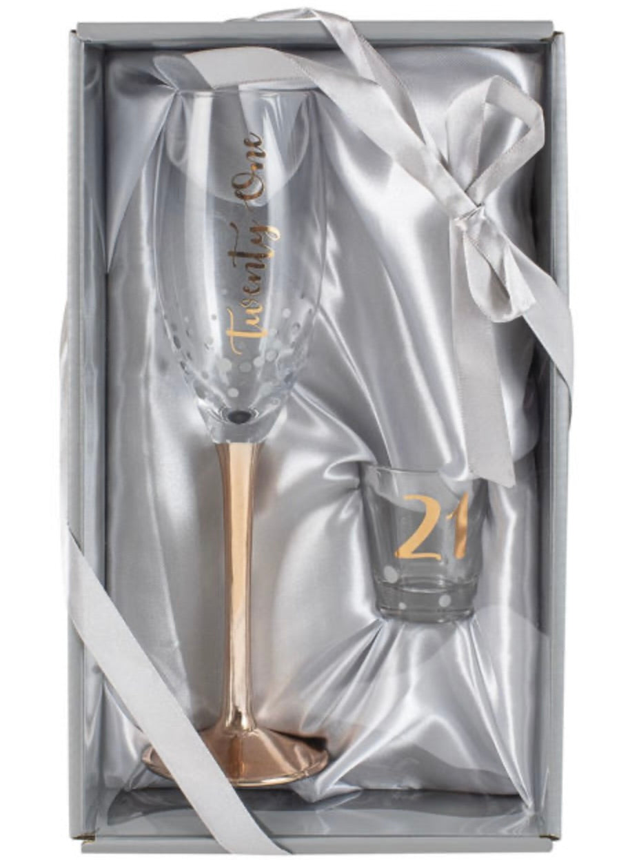 21st rose gold champagne glass and shot glass set