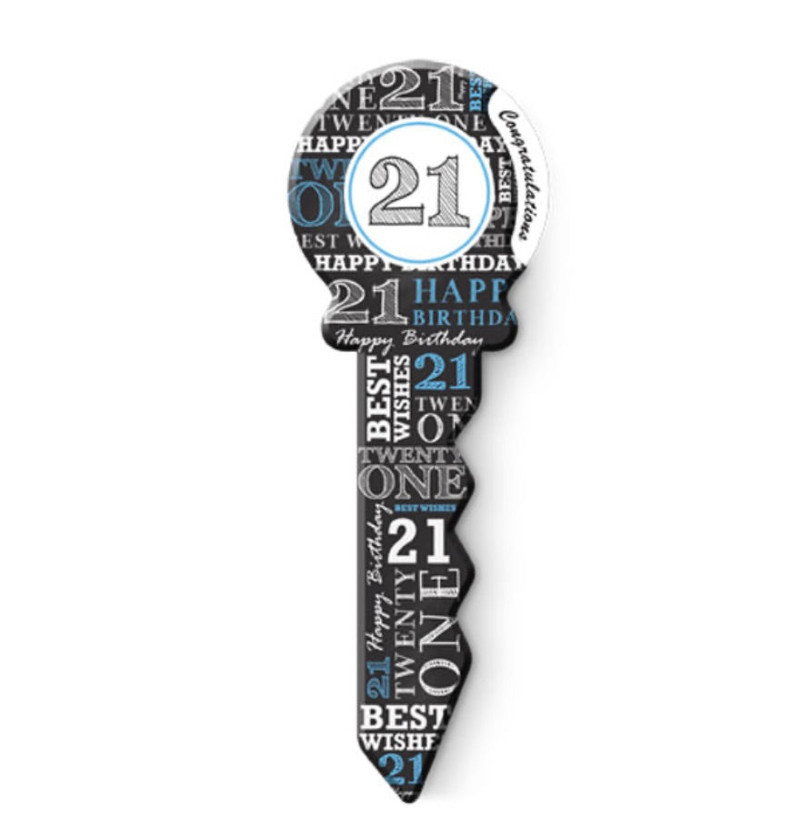 21st birthday keepsake signing black, white and blue key