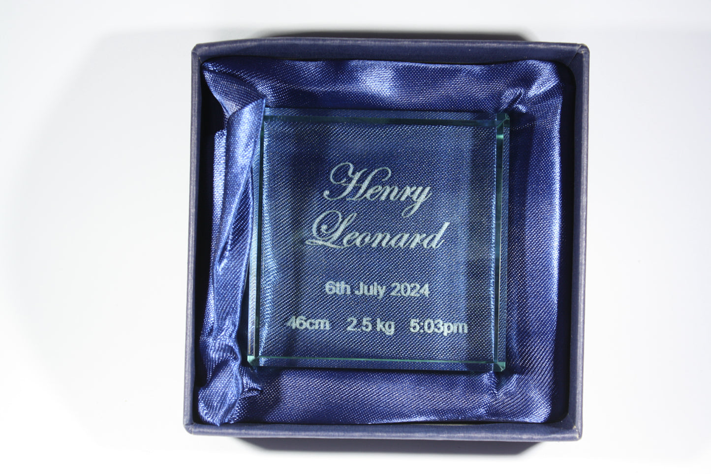 Engraved baby memory glass block, baby gifts, gifts for infants, newborn gifts, block in box view