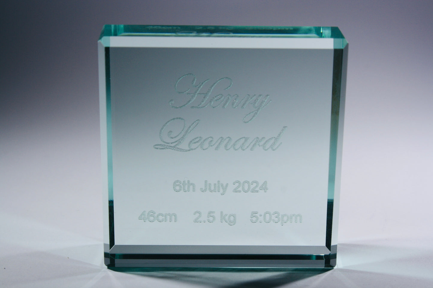 Engraved Baby glass memory block, baby gifts, gifts for infants, newborn gift, front view without box