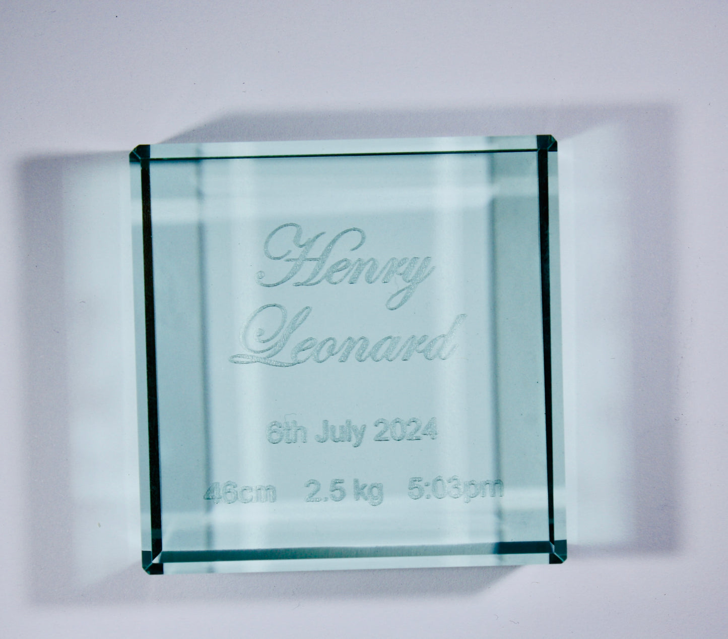 Engraved baby glass memory block, baby gifts, gifts for infants, newborn gifts, lying down view