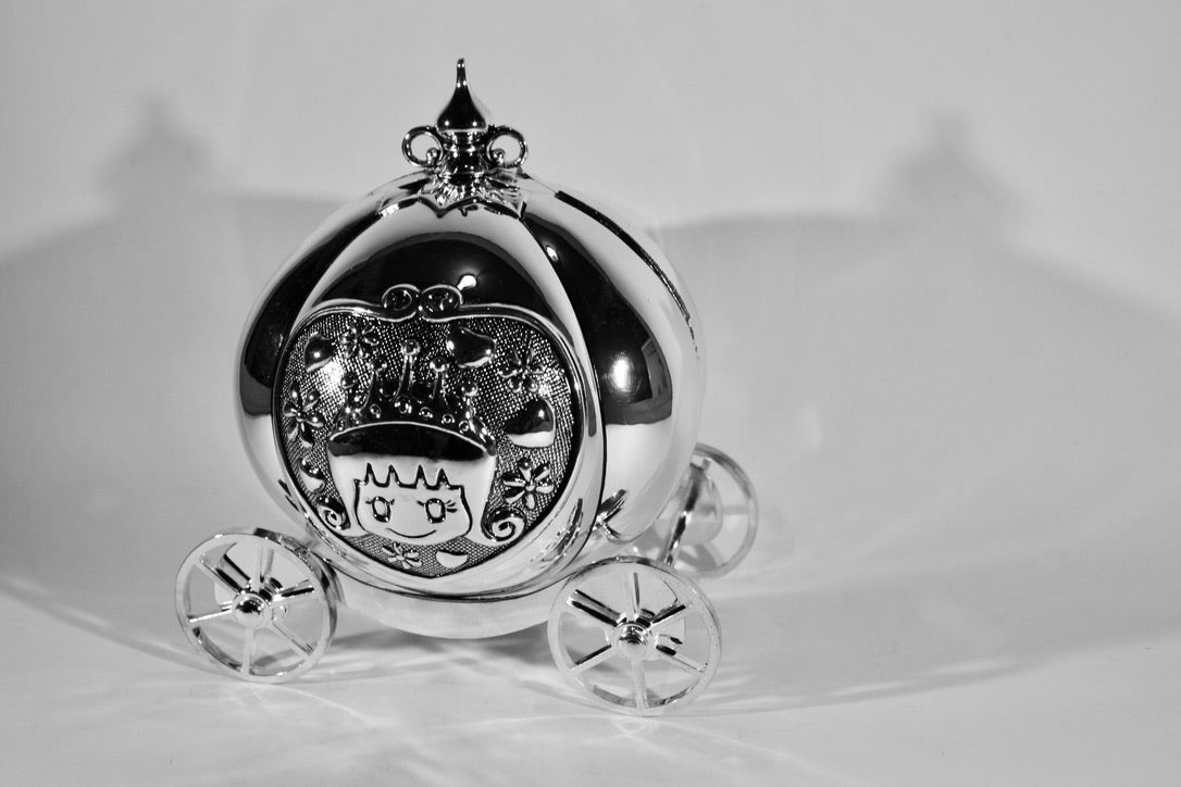 Silver plated Pumpkin carriage childrens money box, baby gifts, gifts for infants, newborn gifts, side angle view