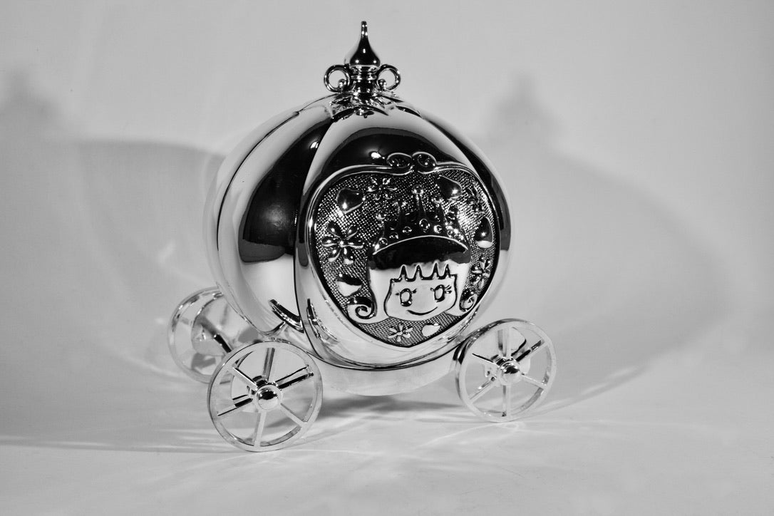 Silver plated Pumpkin carriage childrens money box, baby gifts, gifts for infants, newborn gifts, other side angle view
