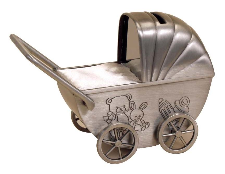 Pewter Plated Pram Money Bank