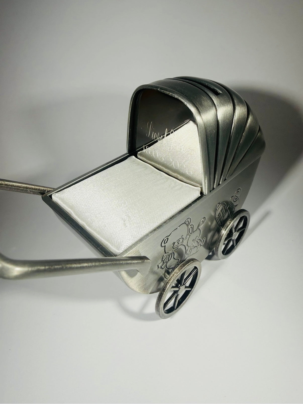 Pewter Plated Pram Money Bank