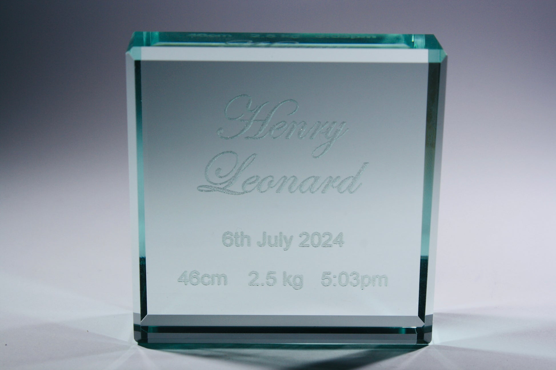 Engraved Baby glass memory block, baby gifts, gifts for infants, newborn gift, front view without box