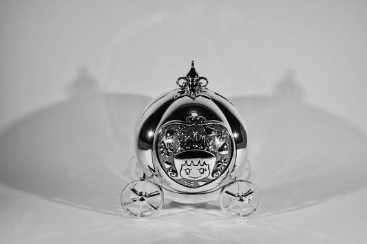 Silver plated Pumpkin carriage childrens money box, baby gifts, gifts for infants, newborn gifts, front view